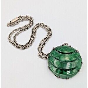 Vintage Sterling Silver 925 Carved Ribbed Malachite Modernist Pendant Necklace
